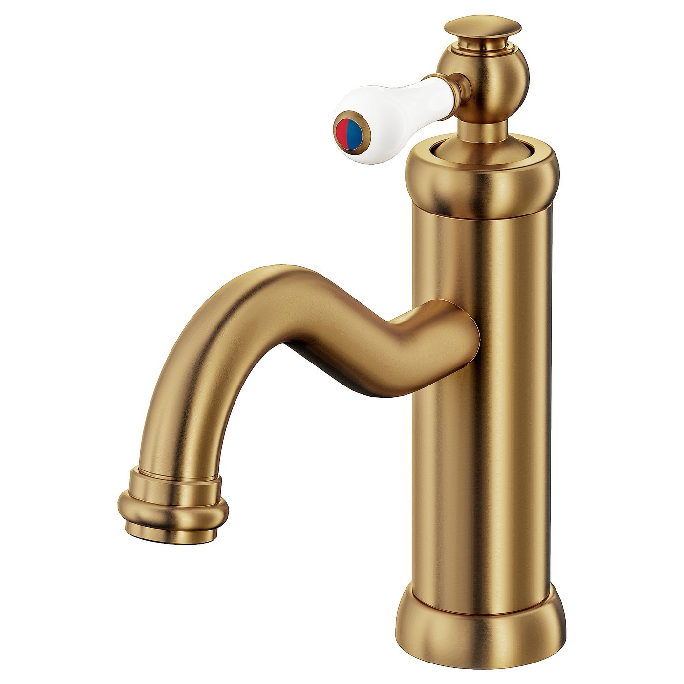 Golden sink tap with curved spout and white handle. Elegant, vintage design with ceramic disc valves.