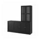 HAVSTA black wooden cabinet set: sideboard & glass-door unit; rustic, solid pine; & hides items; brushed finish.