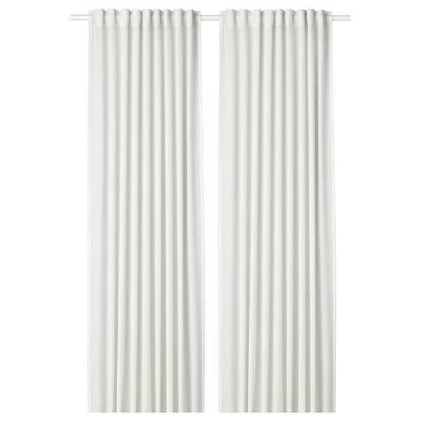 Two white HILJA curtains with header tape, sleek and minimalist, hanging straight down.