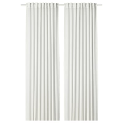 Two white HILJA curtains with header tape, sleek and minimalist, hanging straight down.
