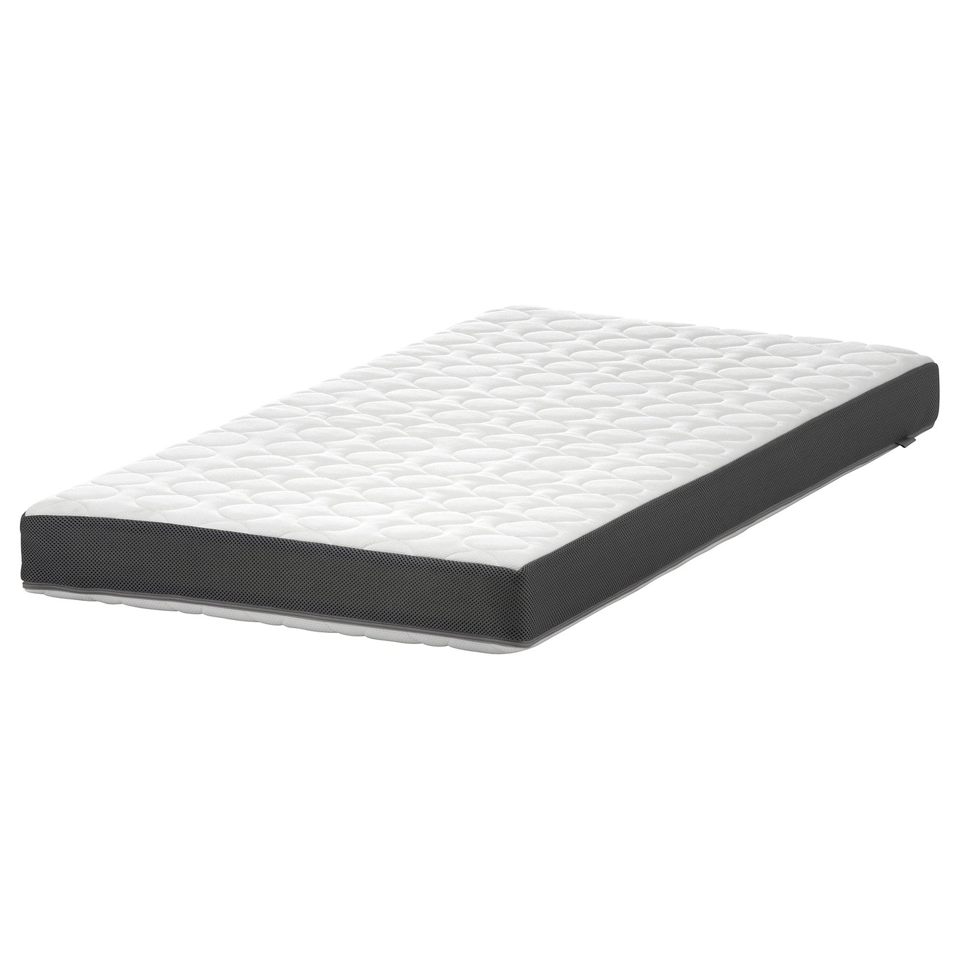 Grey rectangular kids mattress with quilted white top, washable cover.