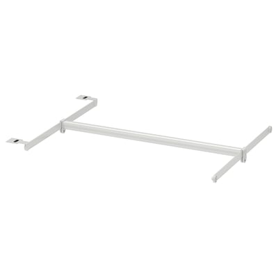 A white, adjustable clothes rail hanger from ikea. Made of steel with plastic connections, it has a practical, simple design for easy mounting.