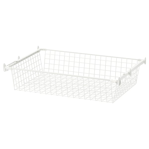 White HJÄLPA storage basket, mesh, on pull-out rail.