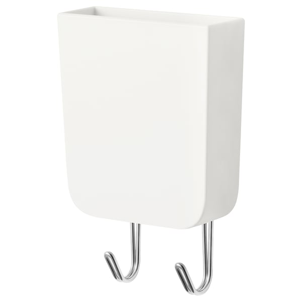 A white HUNDKOJA magnetic organiser with hooks used for holding small items and tools. It has a rectangular design with two metal hooks.
