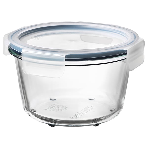 An IKEA 365+ clear glass food container with a white lid, designed for storing and freezing food.