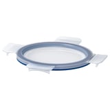 IKEA 365+ round, clear, blue-rimmed, snap-lock lid, made of polypropylene plastic and silicone rubber.