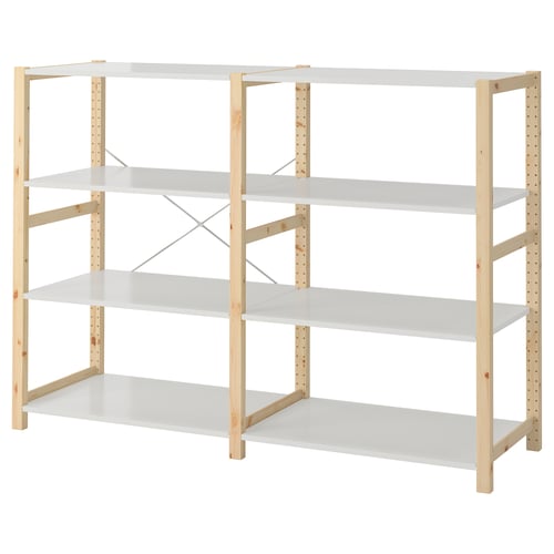 IVAR shelving unit: light pine wood frame, four adjustable grey shelves.