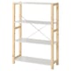 IVAR pine wood bookshelf, 3 white shelves, angled brace support, minimalist design.