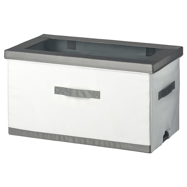 A white and grey JÄTTEBJÖRN storage box with a lid, featuring handles and a partition option.