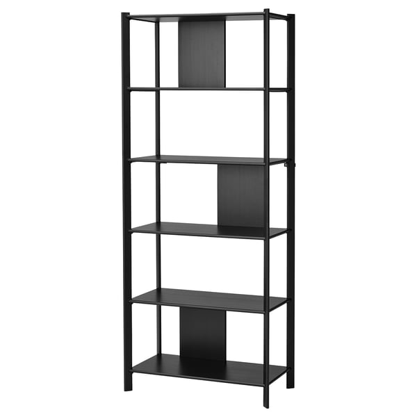 JÄTTESTA black tall shelf, mix bamboo & metal, sleek design.