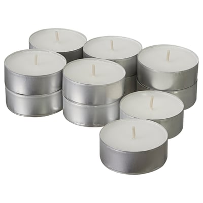 JUBLA tealights. Six silver, round, unlit candles, white wax, cotton wicks.