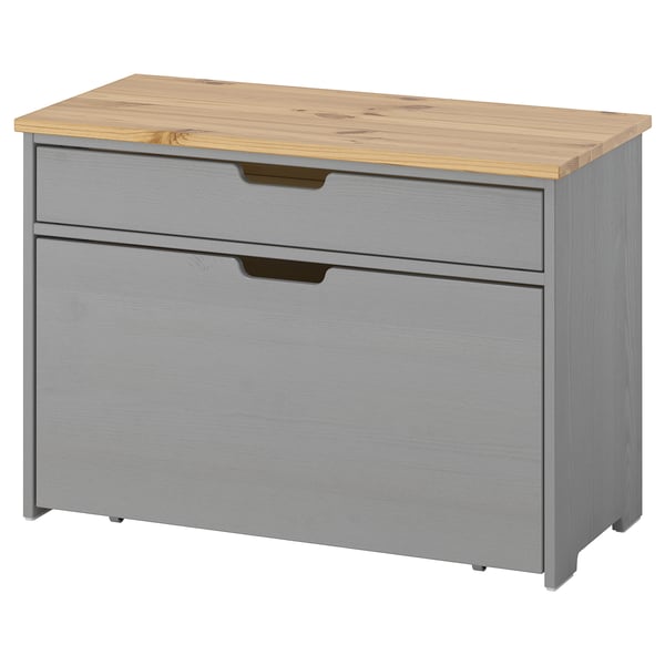 A KALLSÖ grey wooden storage bench with a natural wood top. It two drawers and is designed for narrow spaces.