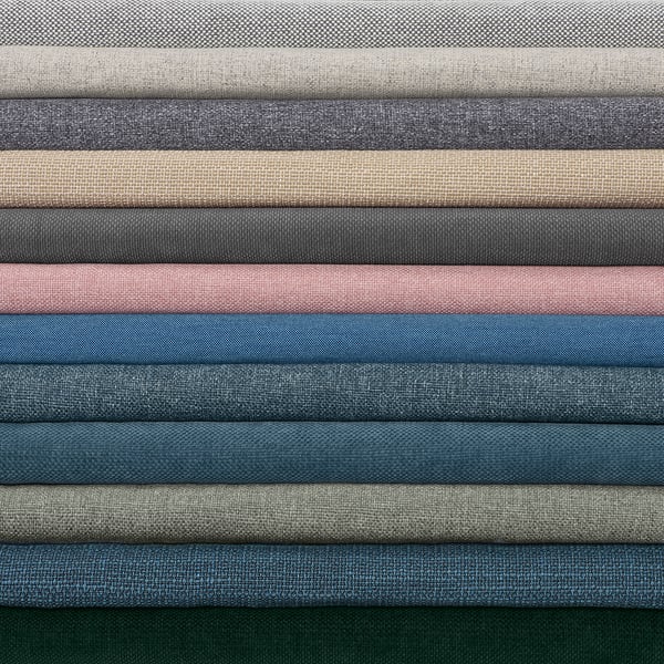 Stacks of KIVIK covers in beige, grey, blue, green; durable, washable polyester.
