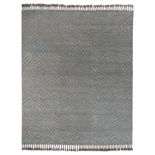 KLAPPERSTARR rug: blue & rust, zigzag pattern, hand-knotted wool & cotton, rectangular with fringe ends.