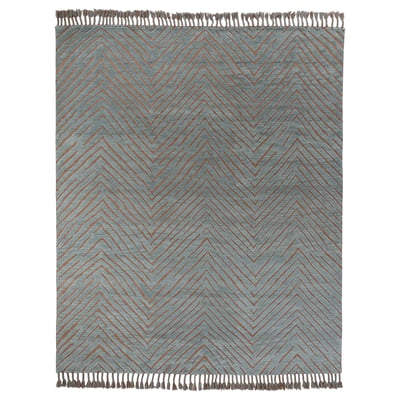 KLAPPERSTARR rug: blue & rust, zigzag pattern, hand-knotted wool & cotton, rectangular with fringe ends.