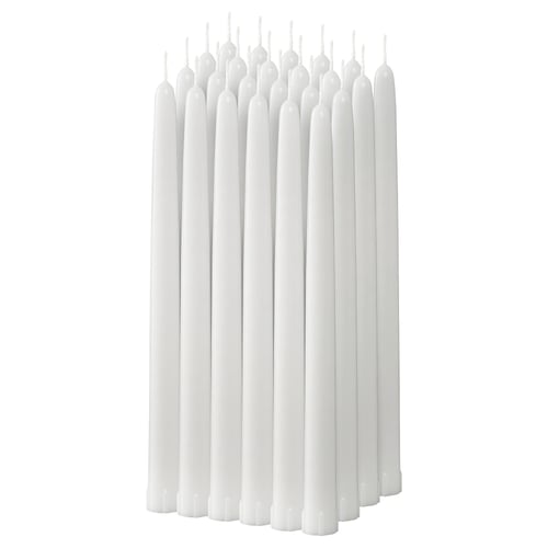 Set of 10 white, cylindrical KLOKHET candles, stearin material.
