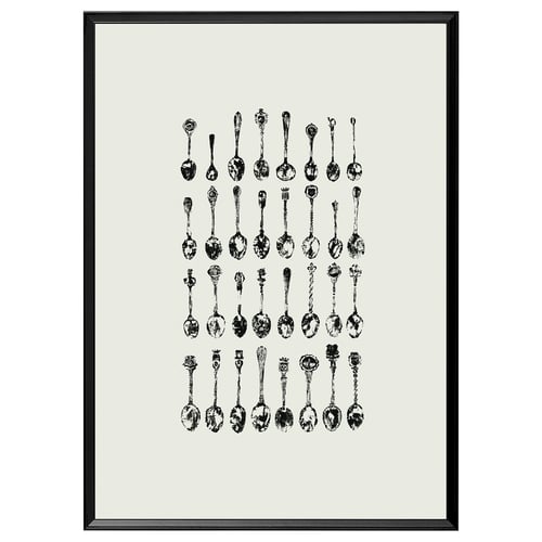 KNOPPÄNG picture frame with black border, featuring 4 rows of vintage black and white spoons, each in different designs.