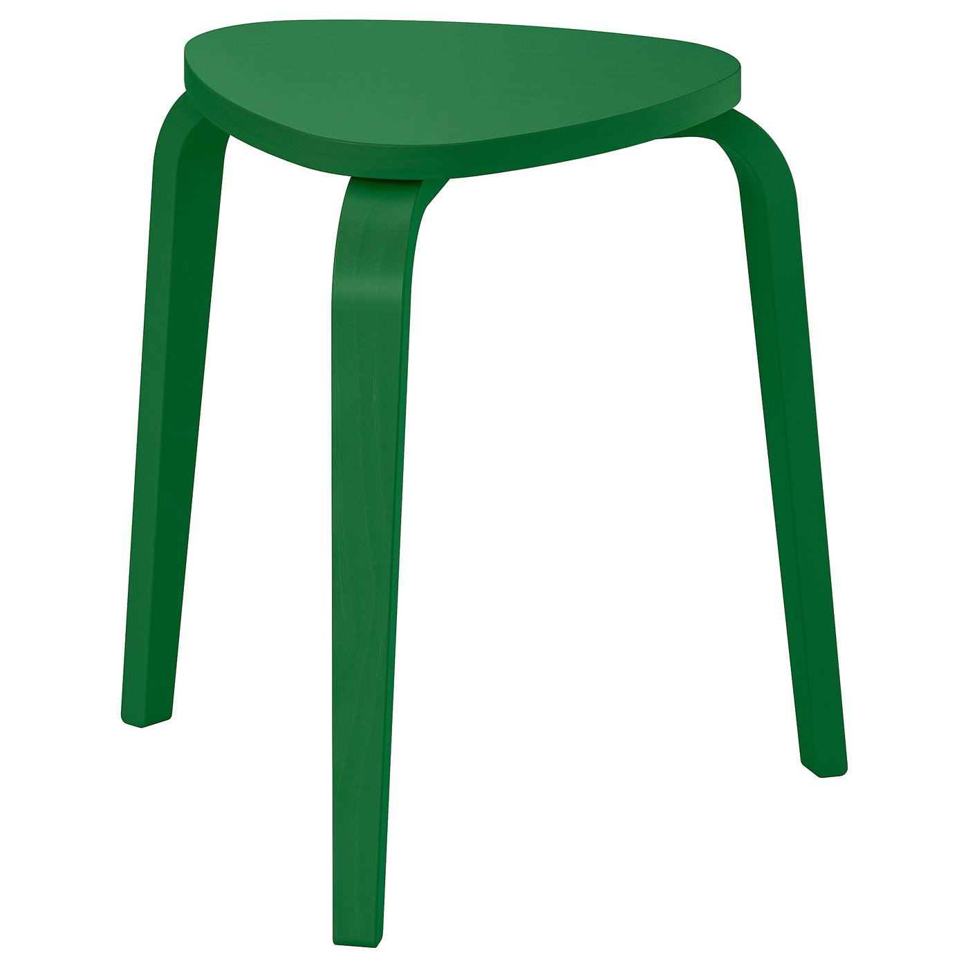 Green, three-legged stool with triangular seat, made of birch veneer and plywood, stylish and stable.