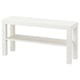 A white ikea LACK tv bench, rectangular in shape, with a simple and minimalist design. It has two shelves for storage and support.