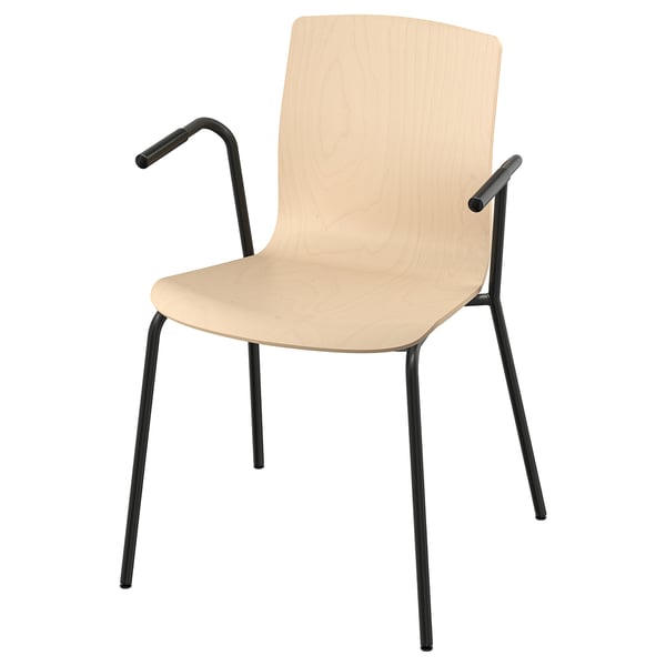 LÄKTARE chair: light wood, black metal arms, four legs, simple design.