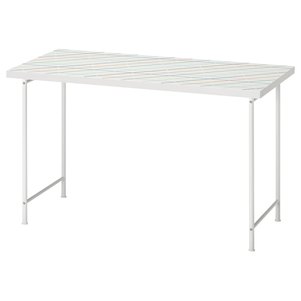 LAGKAPTEN table, white with colourful grid pattern, rectangular, metal legs, adjustable feet.