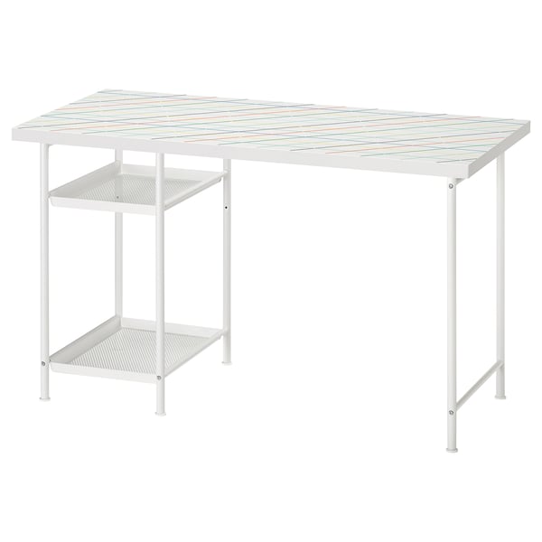 White LAGKAPTEN desk with colourful grid top, 2 wire shelves, adjustable feet.