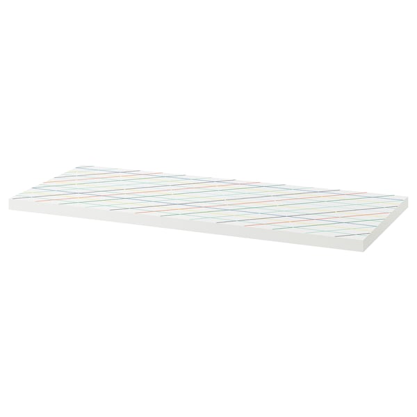 A white LAGKAPTEN table top. A colorful grid pattern, pre-drilled holes, and adjustable feet for uneven floors.