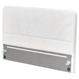 The LAXHÖJDEN headboard is white, rectangular, with a fabric cover and metal brackets.