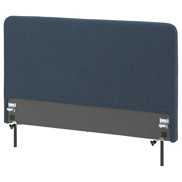 A LAXHÖJDEN headboard in blue fabric with grey legs. Its rectangular, padded, and designed to be attached to a mattress base.