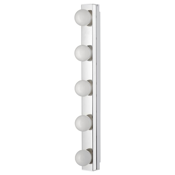 Led vanity lamp with 4 round bulbs, shiny chrome finish, and sleek rectangular design. Perfect for bathrooms.