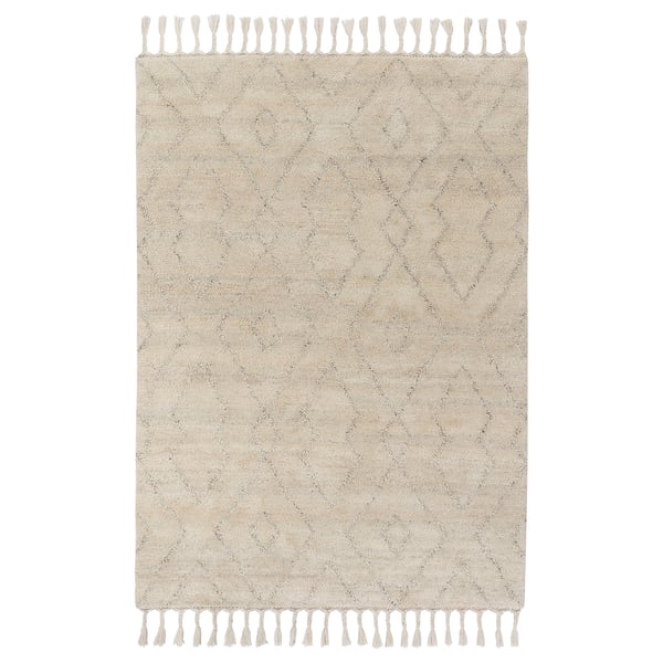 A beige, rectangular LENTÅTEL rug with subtle geometric patterns and braided fringes, crafted from wool and cotton.