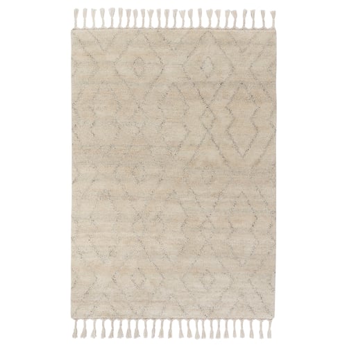 A beige, rectangular LENTÅTEL rug with subtle geometric patterns and braided fringes, crafted from wool and cotton.