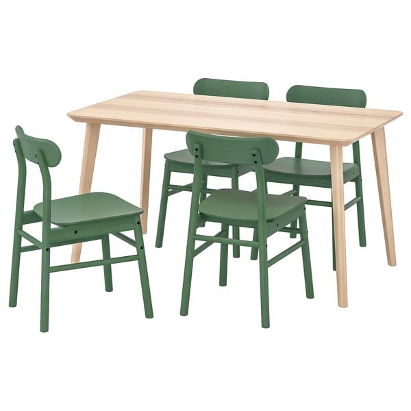 LISABO dining set: light ash table, green chairs, scandinavian design.