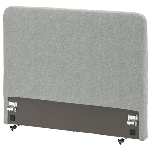 LJUSFJÄLLET grey headboard, upholstered rectangular frame, attaches to bed base, soft padding, machine washable cover.