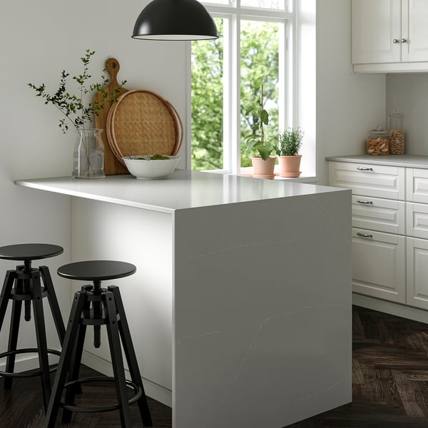 LOCKEBO Custom made worktop, light grey-beige marble effect/glass composite, 1 m²x2.0 cm
