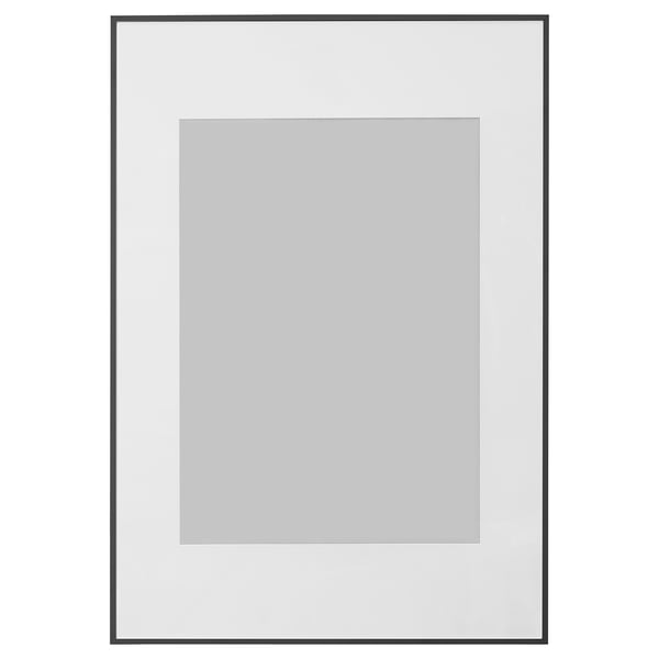 LOMVIKEN picture frame, black, rectangular, with grey mat, thin metal edge.