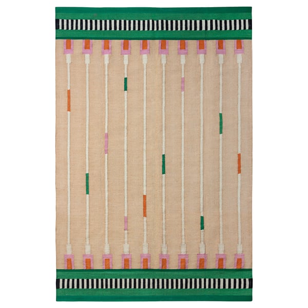 MÄVINN rug: beige jute with green borders, wool accents, rectangular, modern stripes.