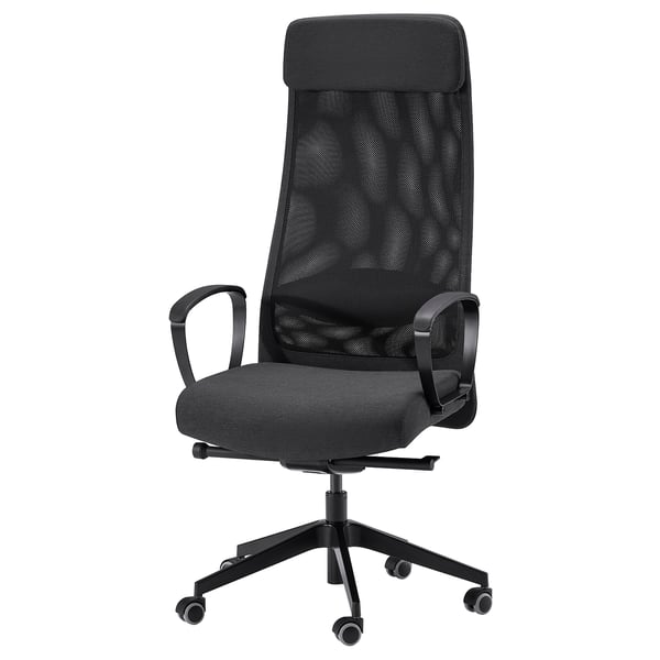 Black ergonomic office chair MARKUS with mesh back, armrests, and wheels.
