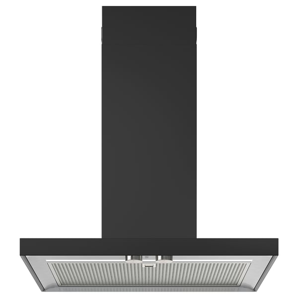 Black kitchen hood with led lighting, modern design.