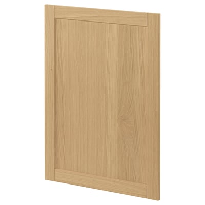 A light brown wooden kitchen cabinet door in a simple, framed design with bevelled edges.