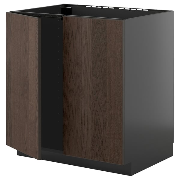 Modern dark wood kitchen cabinet with two doors, sturdy frame, sleek design.