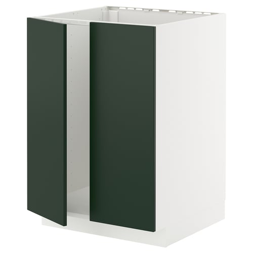 METOD kitchen unit with dark green havstorp doors, white base, square shape, modern design.