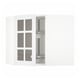 Open white METOD kitchen cabinet with glass doors revealing storage shelves.