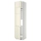 A tall, off-white kitchen cabinet with a classic beveled design, featuring three shelves and two doors.