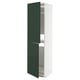 Modern tall white cabinet with green doors, two open.