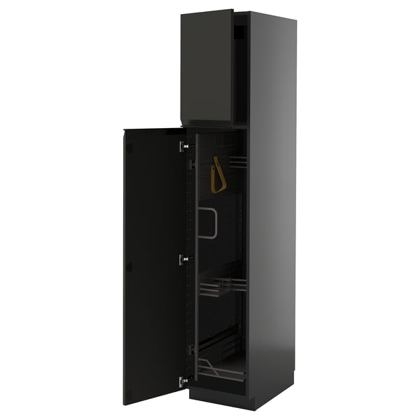 METOD kitchen cabinet, matte black, slim design with open door, modern style.