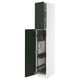 Open white cabinet with green door, revealing shelves and cleaning tools.