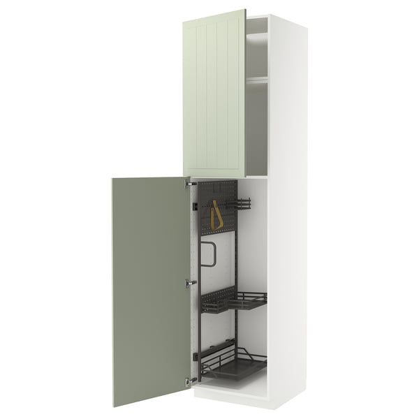 METOD narrow green storage cabinet with two shelves, open door
