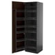 Dark brown kitchen cabinet, with sliding shelves, wooden edges, metal handles, three shelves, tall, sleek design.