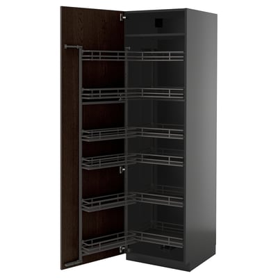 Dark brown kitchen cabinet, with sliding shelves, wooden edges, metal handles, three shelves, tall, sleek design.